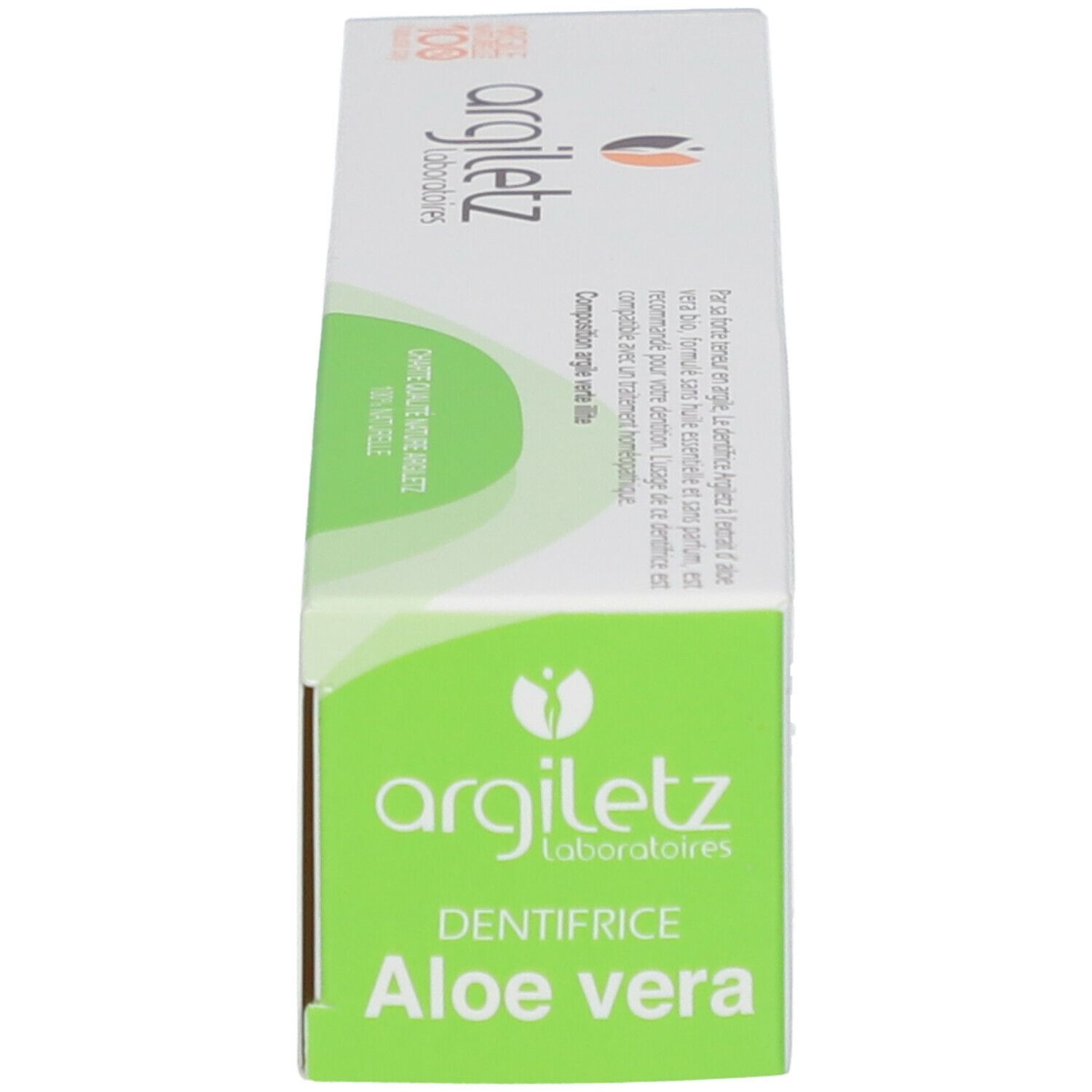 Boîte, vue de dessus. Inscription: Aloe vera, argiletz. Certification bio.