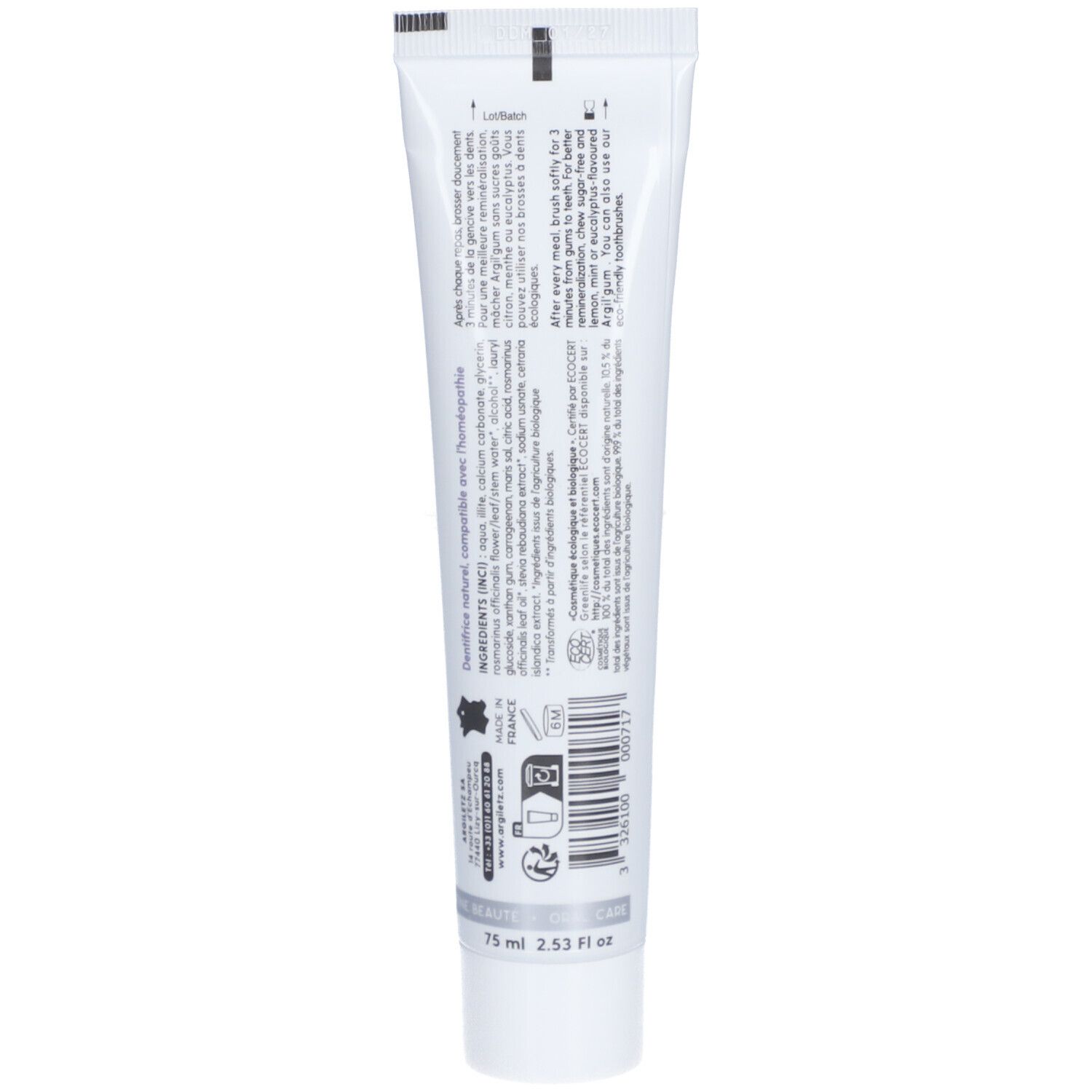 Dos du tube de dentifrice. Texte multilingue. Code-barres et certifications.