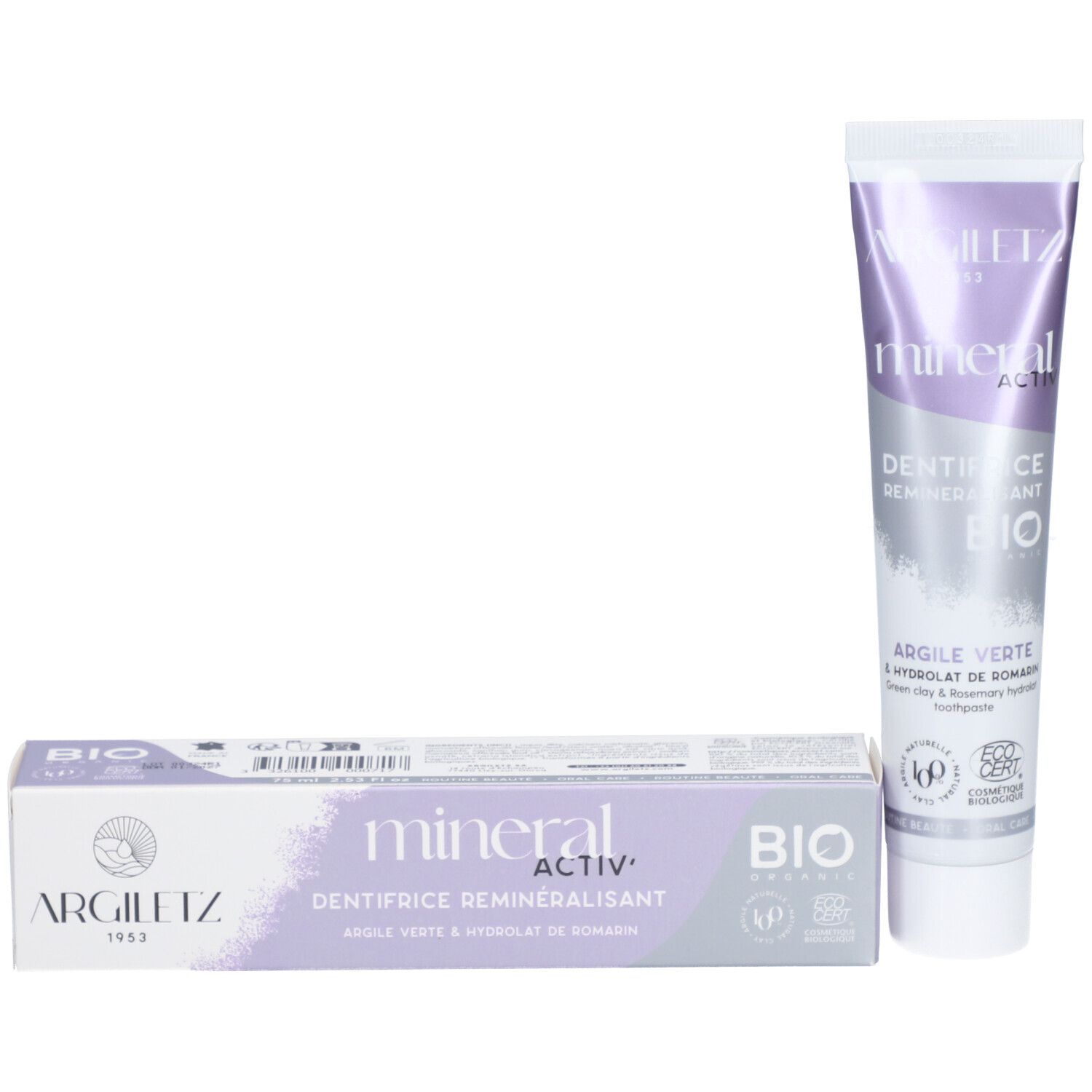 Tube et boîte de dentifrice. Tube : blanc-lilas. Boîte : lilas-blanc. Inscriptions : mineral activ, Bio.