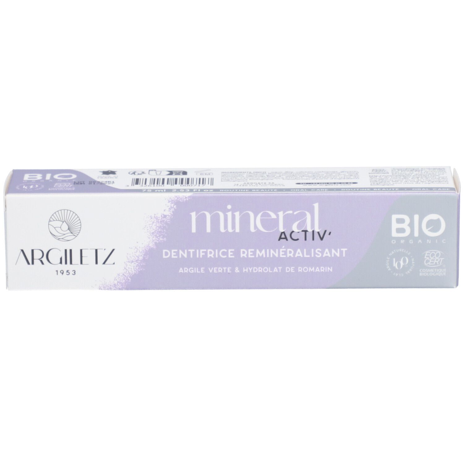 Boîte lilas-blanche. Inscriptions : mineral activ, Dentifrice Reminéralisant, Bio. Logo.