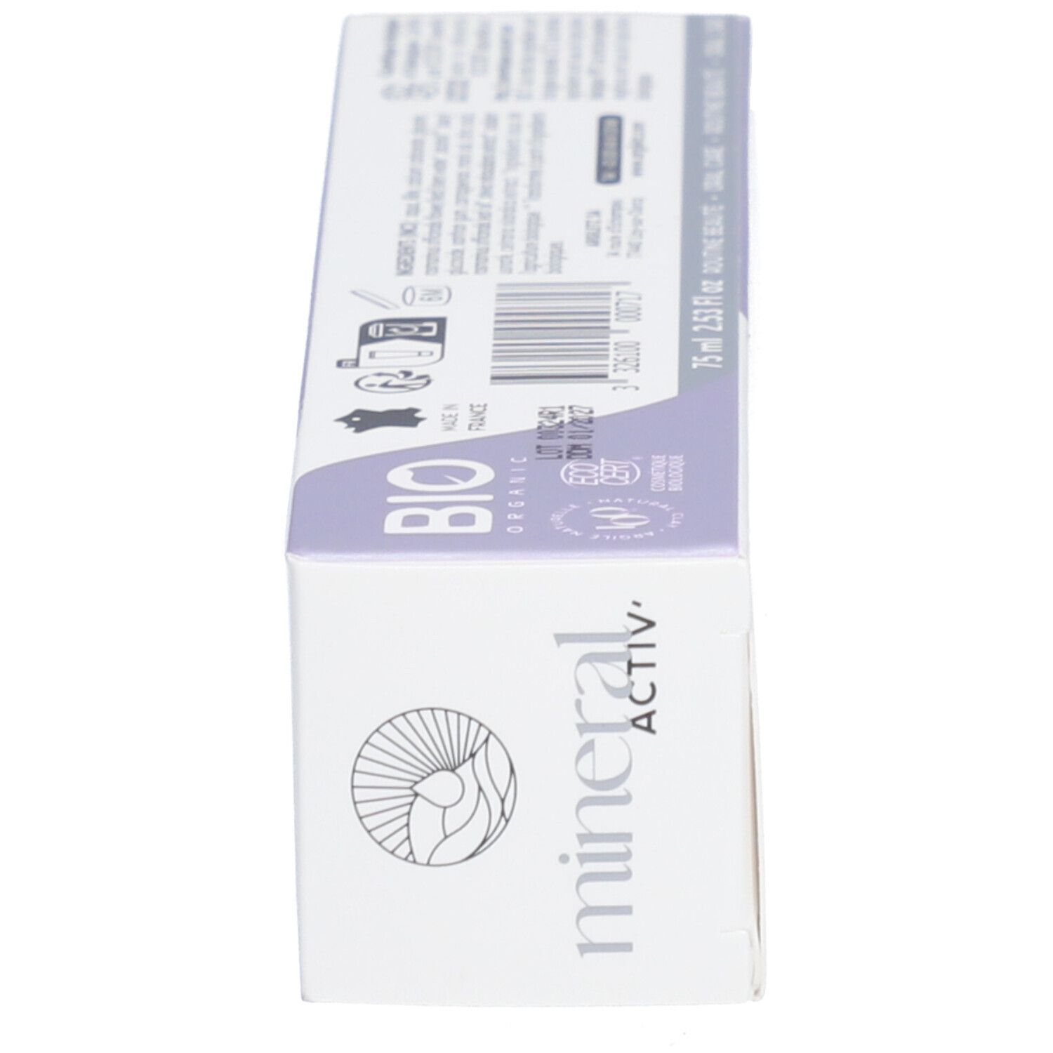 Boîte, vue latérale. Inscriptions : mineral activ, Bio. Code-barres et certifications.