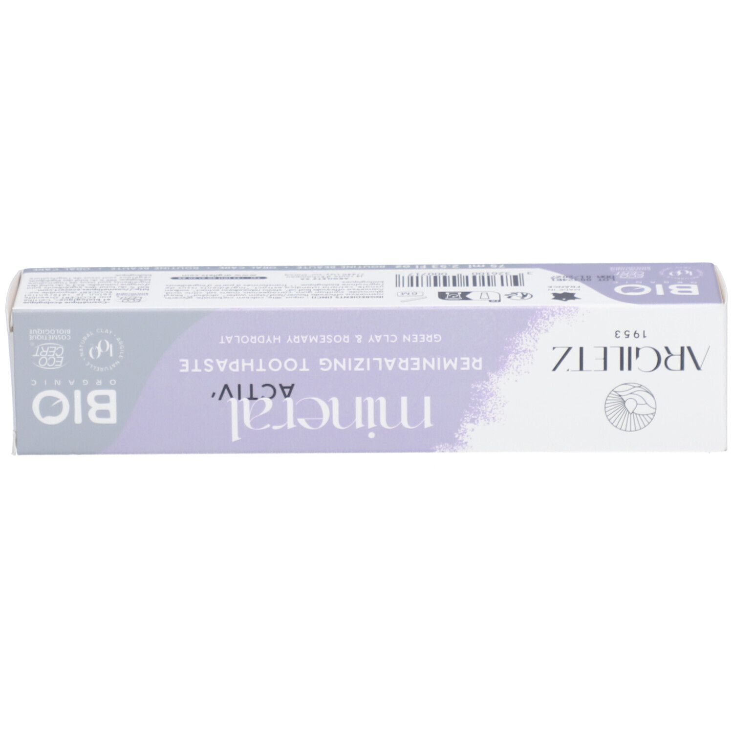 Boîte, vue de dessus. Inscriptions : mineral activ, Dentifrice Reminéralisant, Bio. Logo.