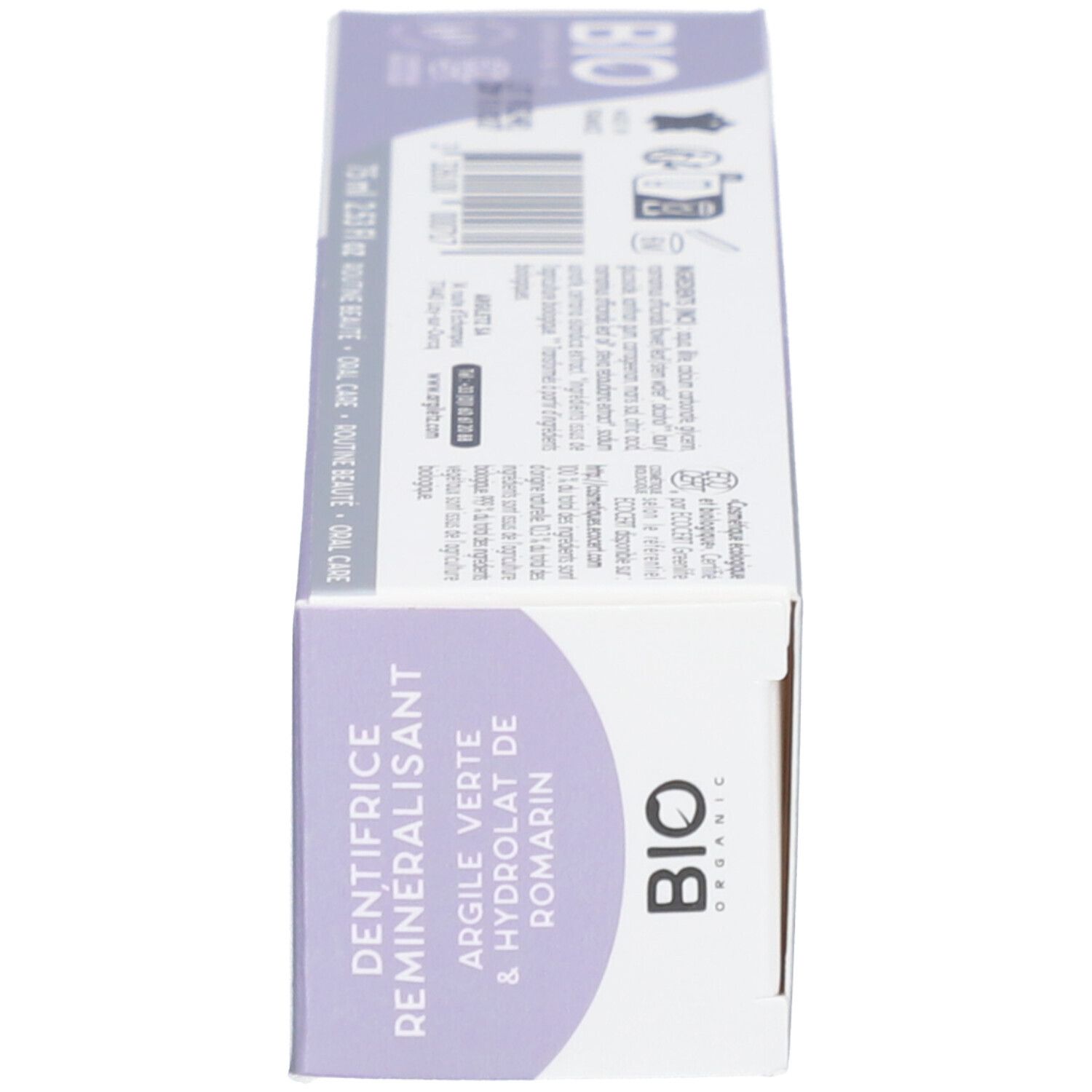 Boîte, vue latérale. Inscriptions : Dentifrice Reminéralisant, Bio. Texte et logos.