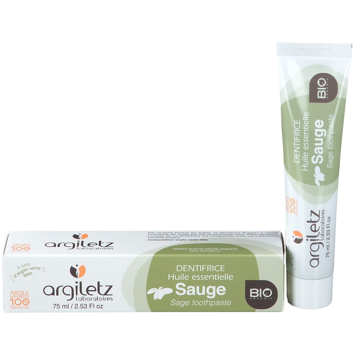 Tandpastatube en doosje. Groen doosje, opschrift: "Sauge Sage Toothpaste", "BIO". Merk: argiletz.