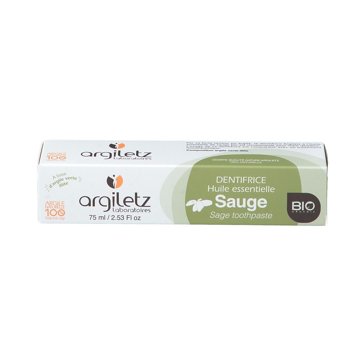 Tandpastadoosje met groen design. Opschrift: "Sauge Sage Toothpaste", "BIO". Merk: argiletz.