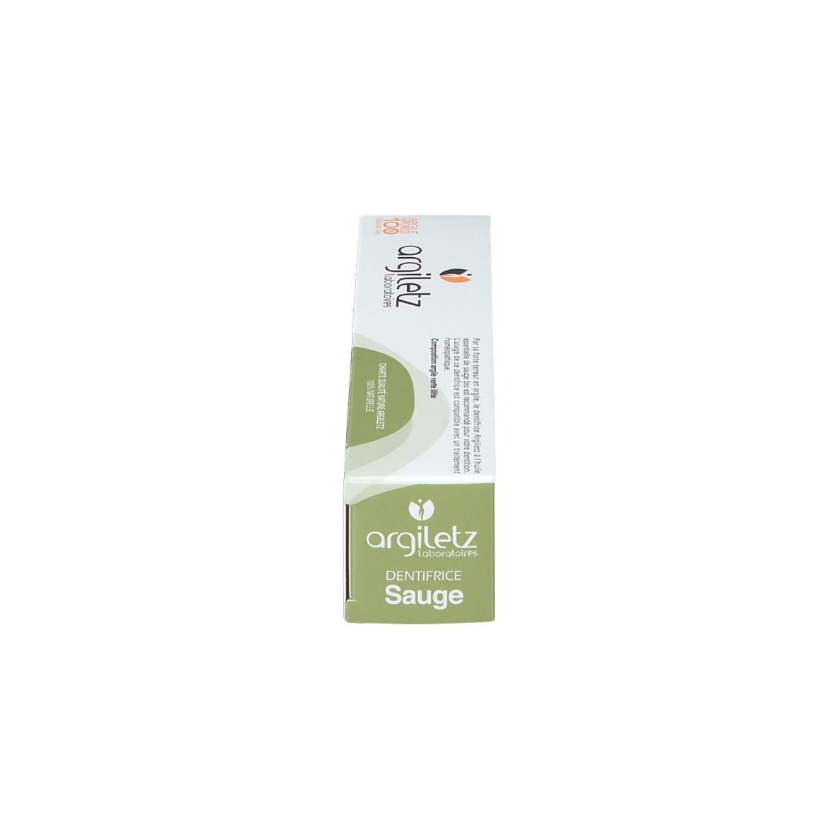 Zijkant van de tandpastadoos. Opschrift: "argiletz", "DENTIFRICE Sauge".