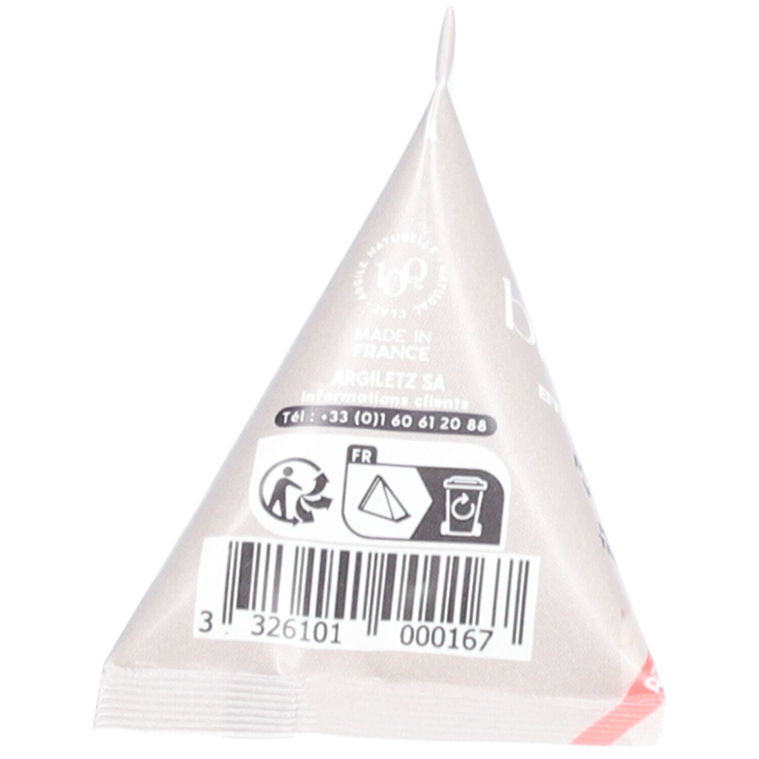 Dos du sachet triangulaire. Code-barres, symboles de recyclage, coordonnées et origine: France.