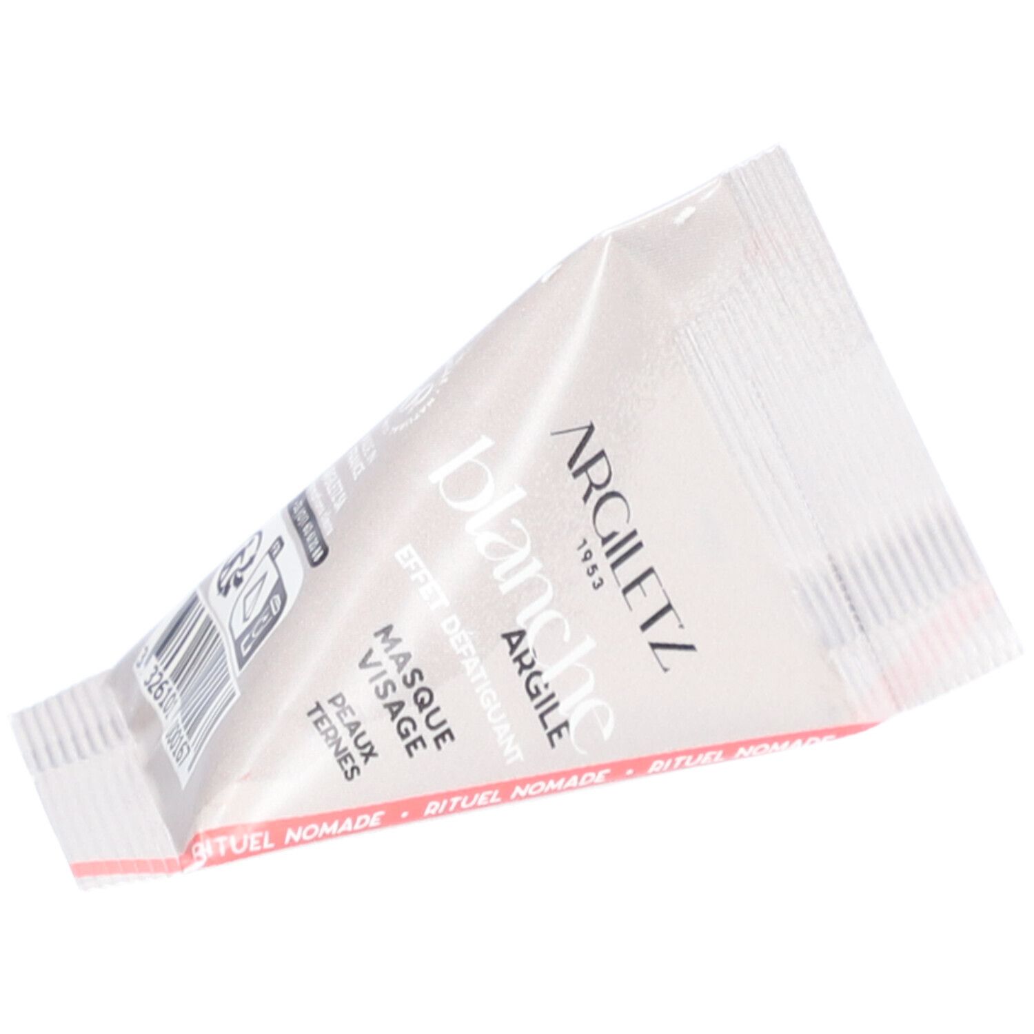 Sachet triangulaire. Inscription: Argiletz, blanche, Masque Visage, Peaux Ternes. Bande rouge.