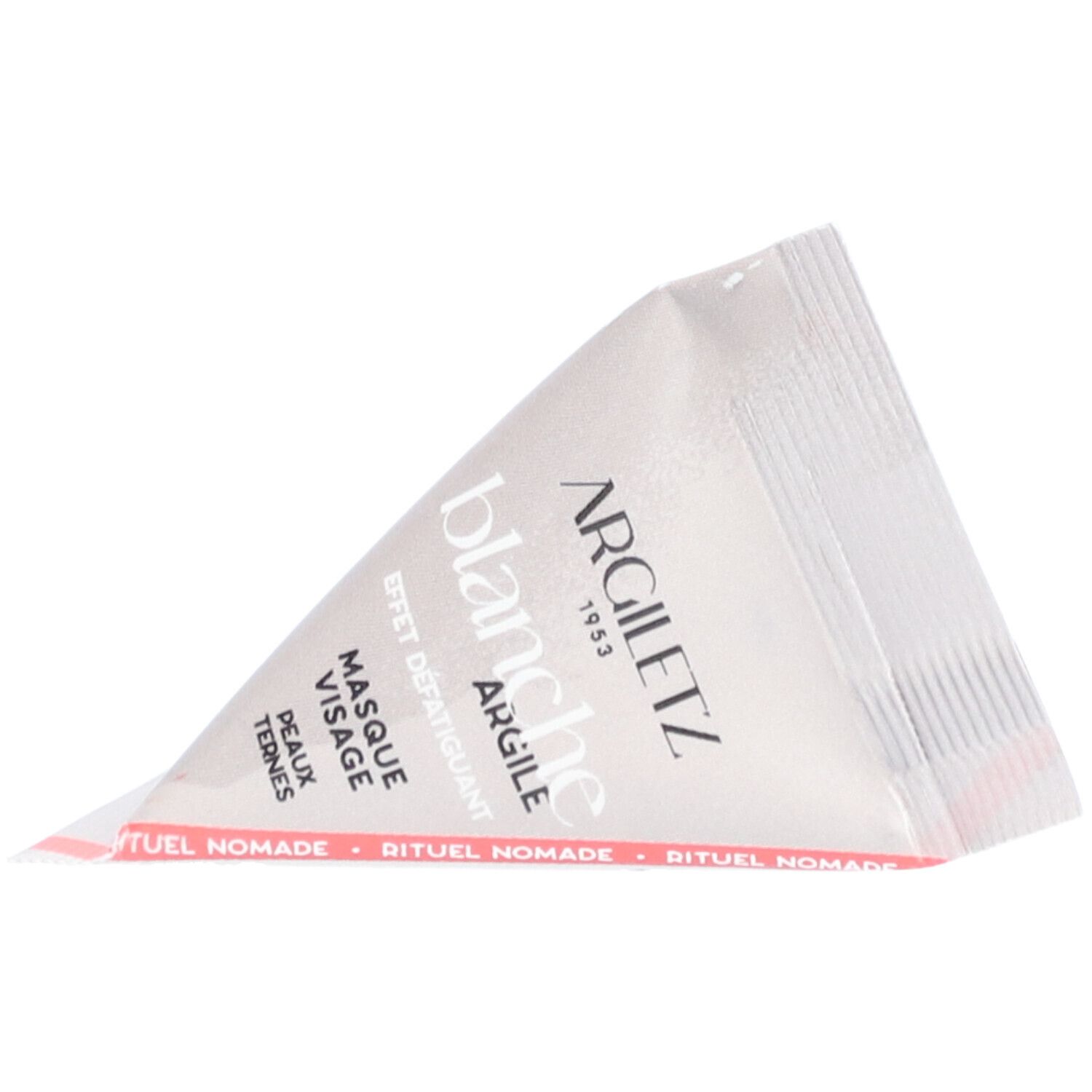 Sachet triangulaire. Inscription: Argiletz, blanche, Masque Visage, Peaux Ternes. Bande rouge.