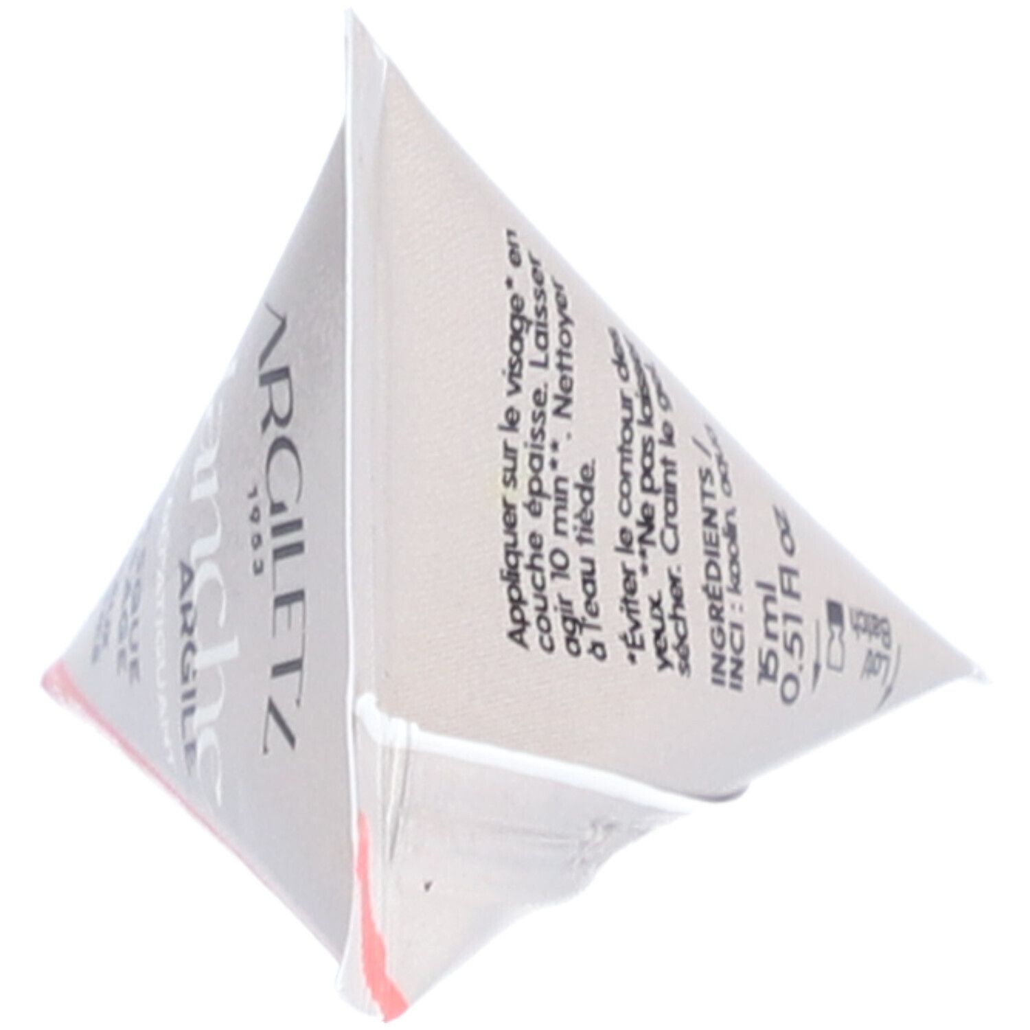 Sachet triangulaire. Inscriptions: conseils d'utilisation, ingrédients, 5ml, 0.51 fl oz. Numéro de lot.