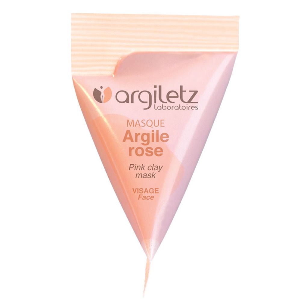 Masque d'argile rose en sachet triangulaire. Marque Argiletz, texte: Masque Argile rose, Pink clay mask, Visage Face.