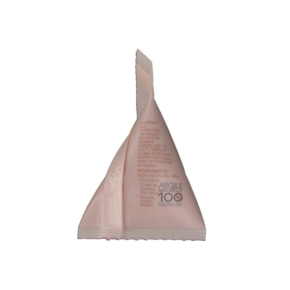 Emballage du masque d'argile rose. Texte: ingrédients, Argile Naturelle 100%. Verso de l'emballage.