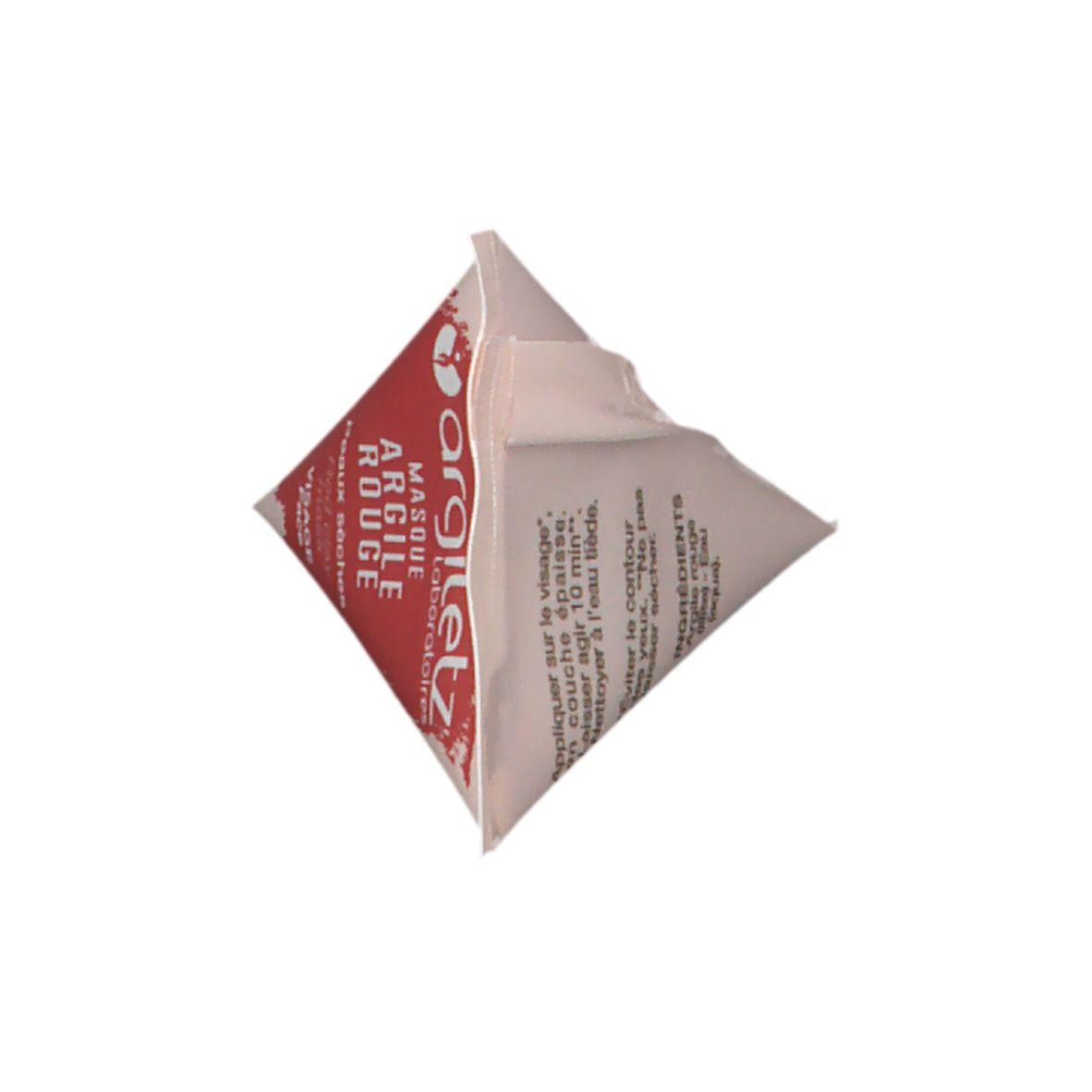 Verpackung mit roter Tonmaske. Aufschrift: argiletz, Masque Argile Rouge, Peaux sèches, Visage.