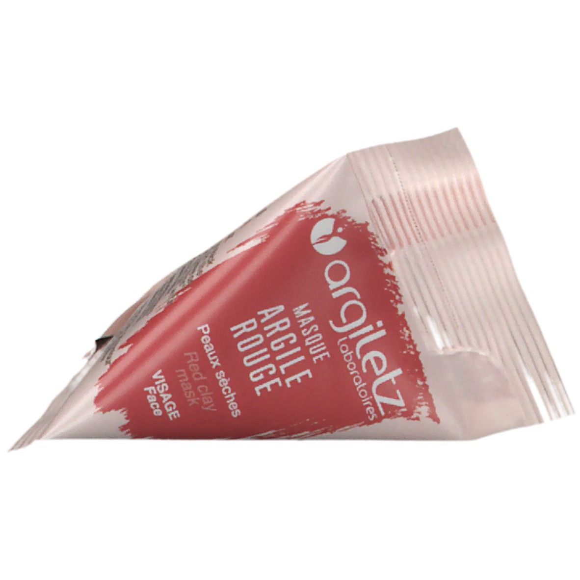 Verpackung mit roter Tonmaske. Aufschrift: argiletz, Masque Argile Rouge, Peaux sèches, Visage.