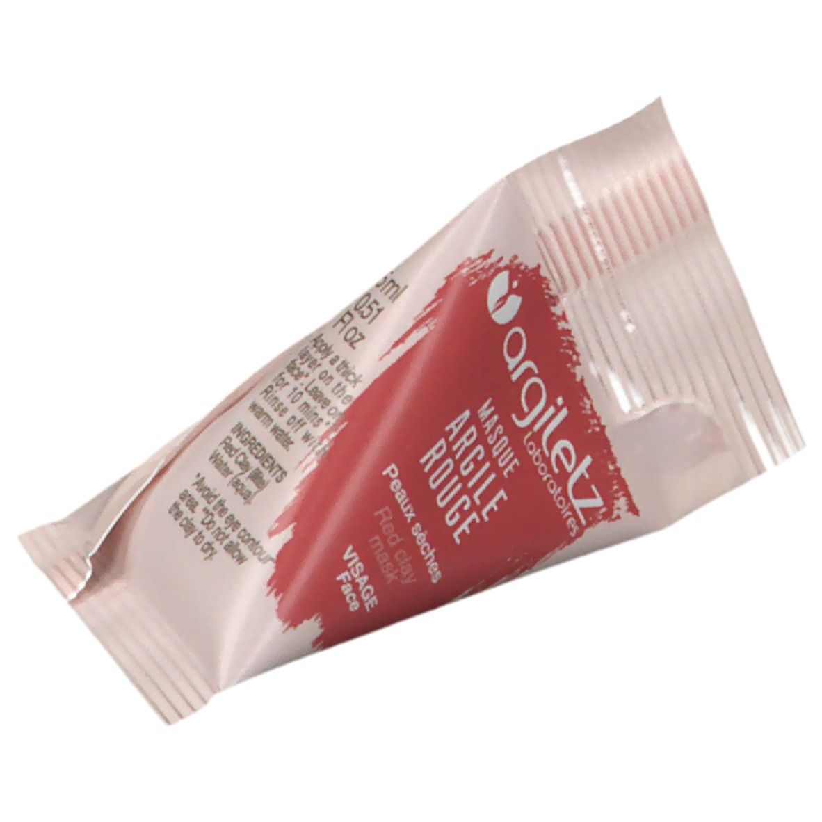 Verpackung mit roter Tonmaske. Aufschrift: argiletz, Masque Argile Rouge, Peaux sèches, Visage.