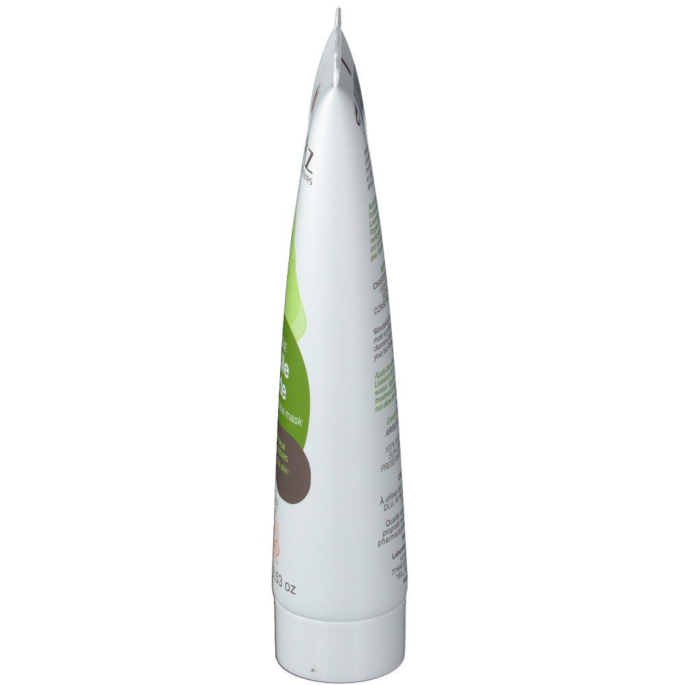 Vue latérale d'un tube blanc. Inscription : Argiletz. Contient de l'argile verte. Pointu en haut, avec bouchon à vis.