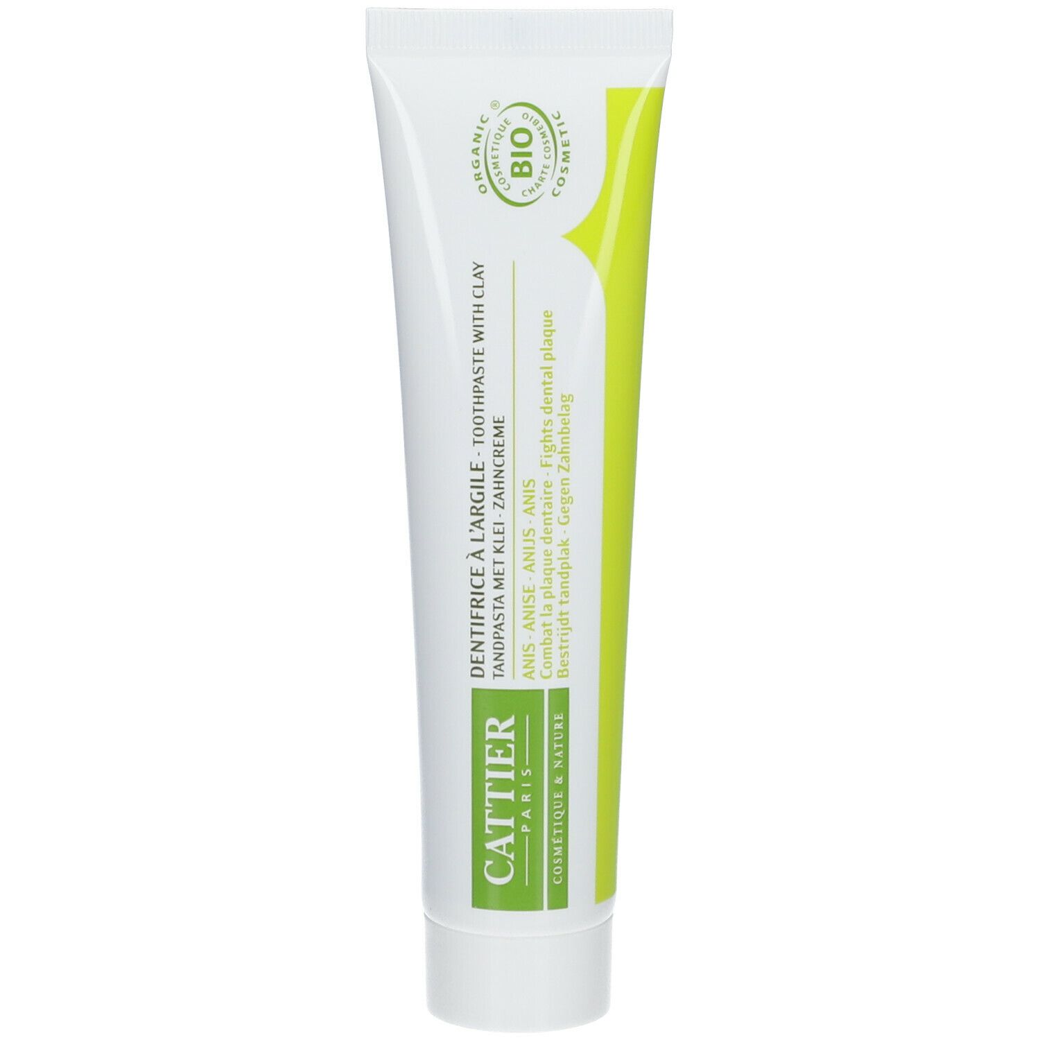 Tube de dentifrice blanche et verte. Inscriptions: Cattier, Dentargile, Anis. Label Bio.
