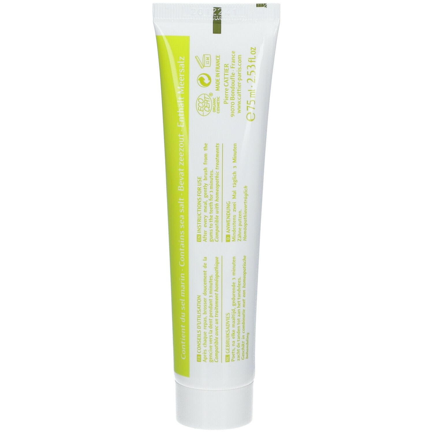 Dos du tube de dentifrice. Texte multilingue. Label Bio. Volume: 75 ml.