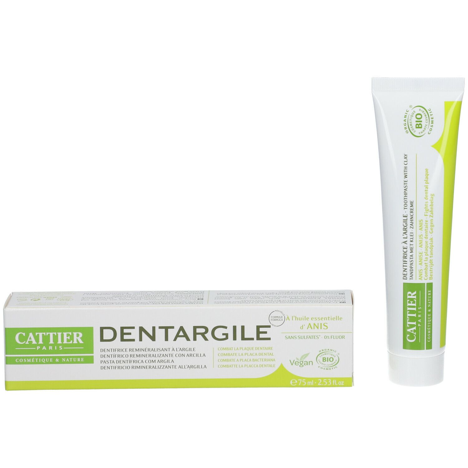 Tube et emballage de dentifrice. Emballage: blanc, vert. Inscriptions: Cattier, Dentargile, Anis. Label Bio.