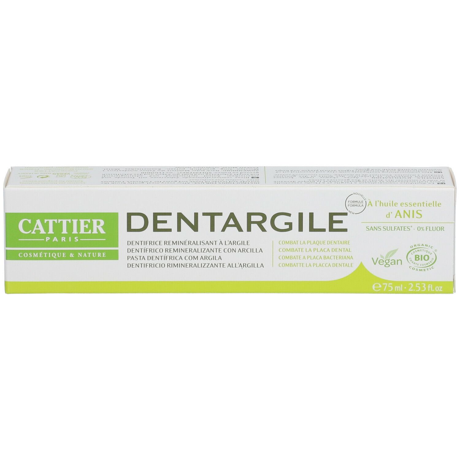 Emballage de dentifrice, blanc et vert. Inscriptions: Cattier, Dentargile, Anis. Label Bio, Vegan.
