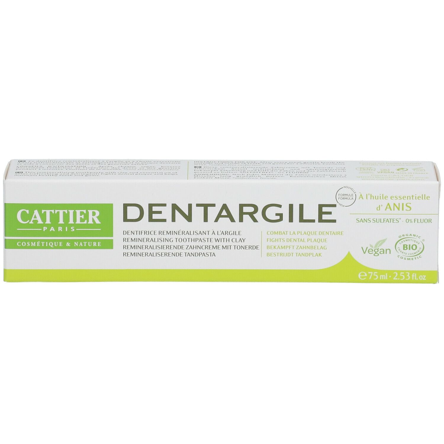 Face avant de l'emballage de dentifrice. Inscriptions: Cattier, Dentargile, Anis. Label Bio, Vegan.