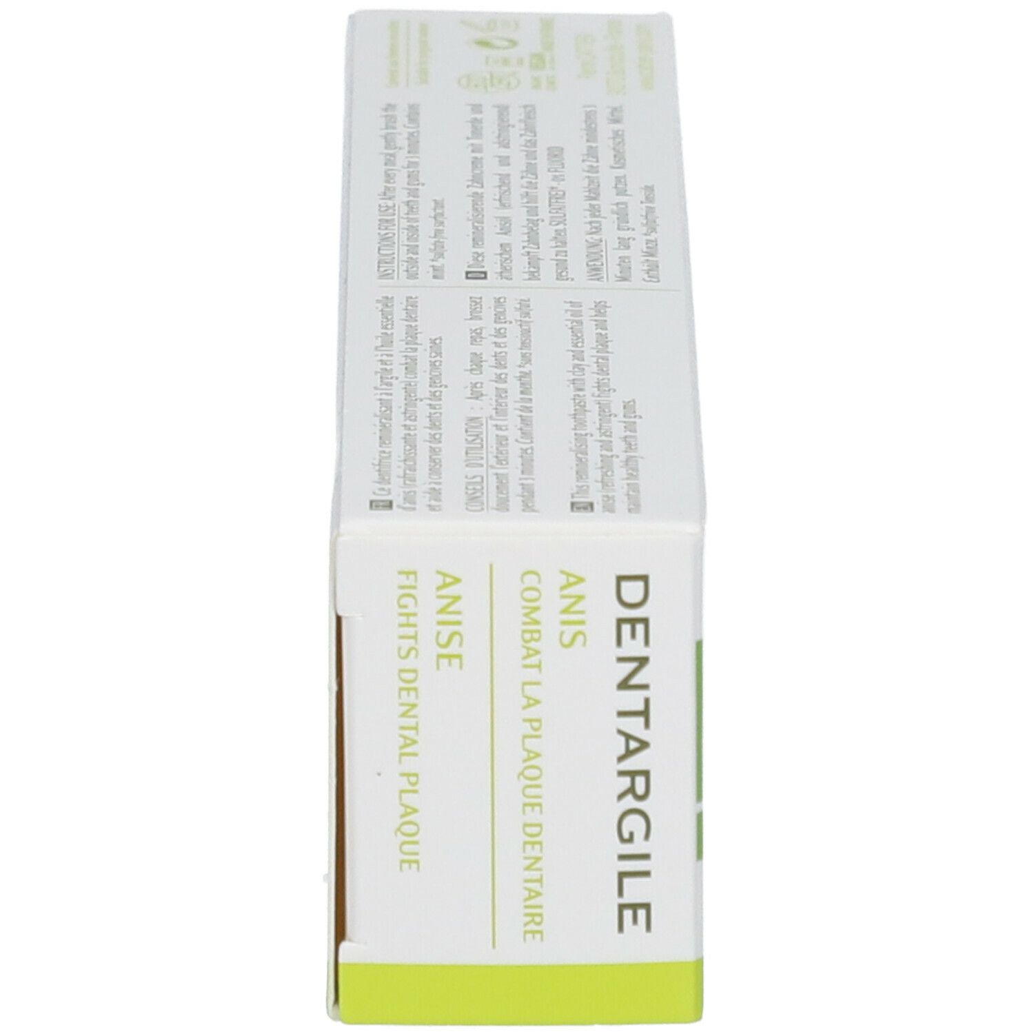 Côté de l'emballage de dentifrice. Inscriptions: Dentargile, Anis. Combat la plaque dentaire.