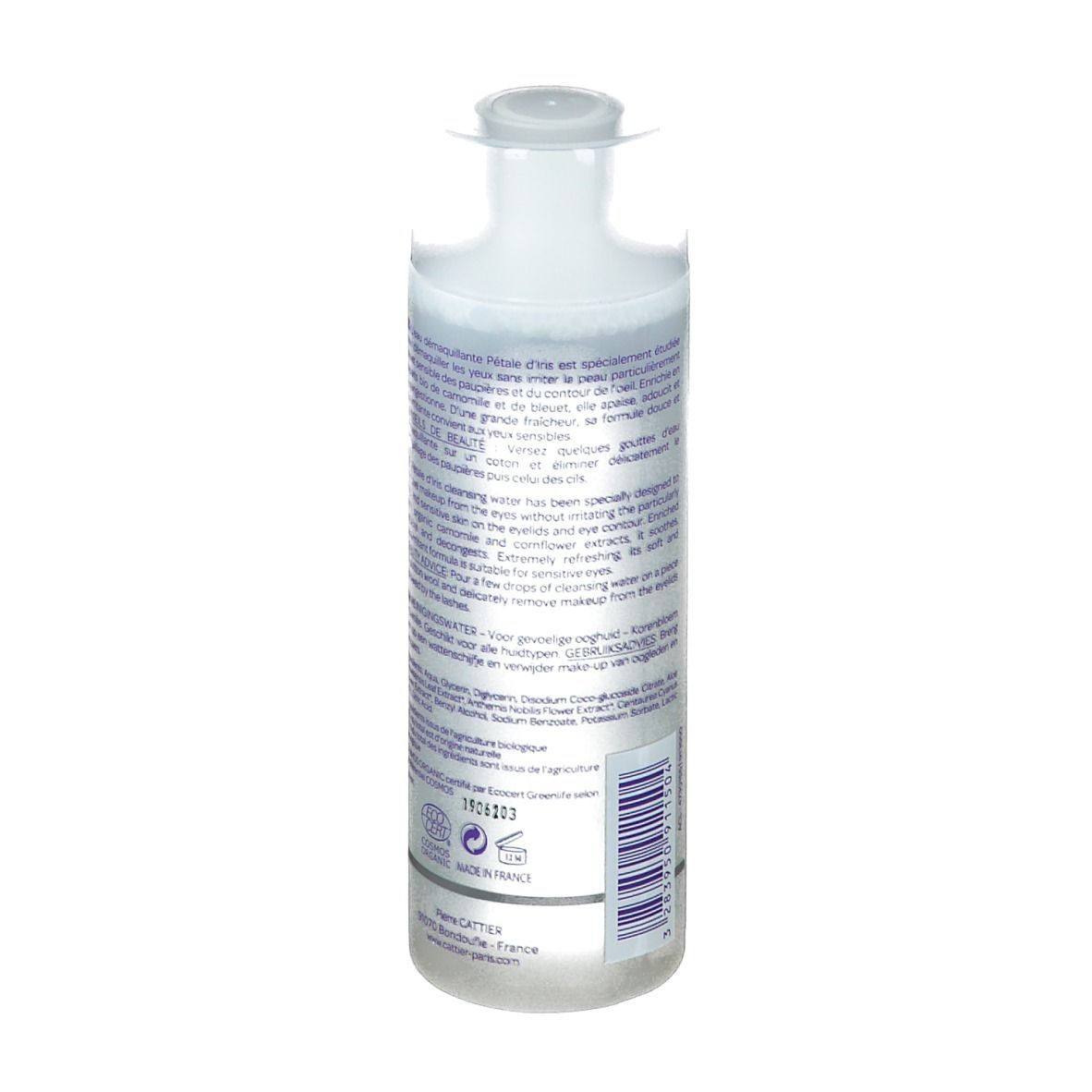 Rückseite der Flasche mit Text. Enthält Informationen über die Inhaltsstoffe und die Anwendung. Bio-Zertifizierung und andere Logos.