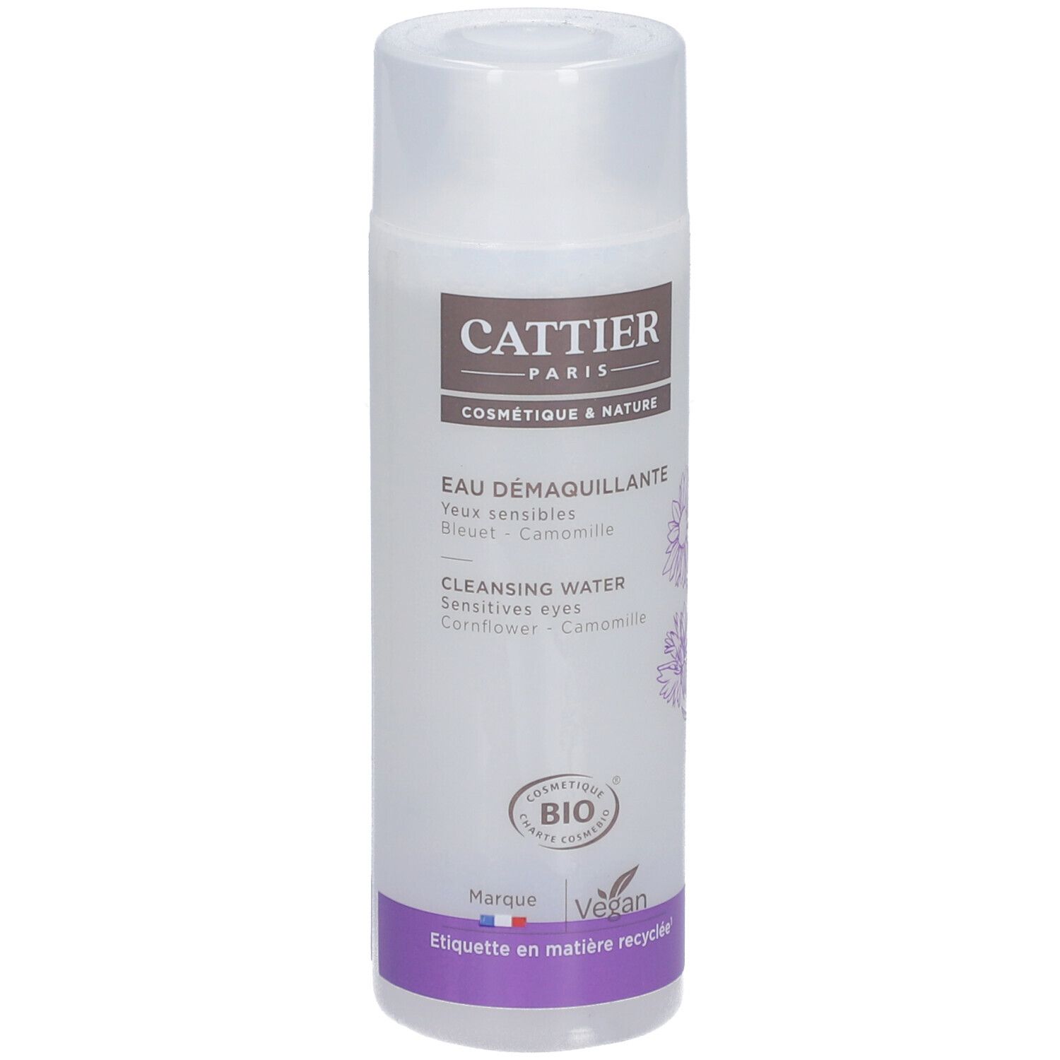 Augen-Make-up-Entferner-Flasche mit weißem Deckel. Aufschrift: Cattier Paris, Eau Démaquillante, Augen, Vegan-Logo, Bio-Zertifizierung.