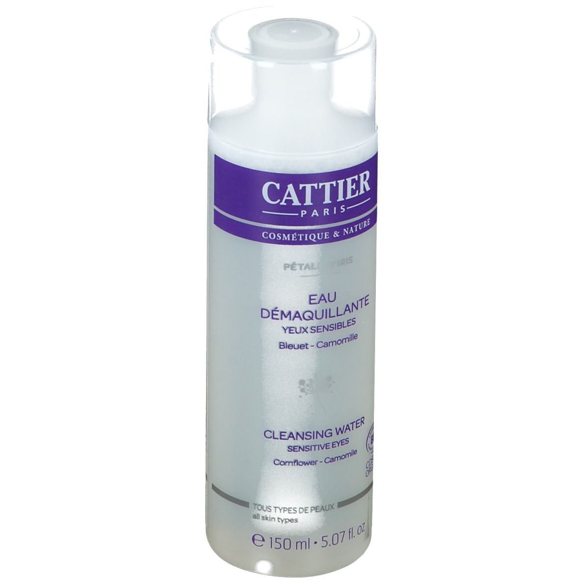 Klarflüssiges Augen-Make-up-Entferner-Fläschchen mit weißem Deckel. Aufschrift: Cattier Paris, Eau Démaquillante, Augen, 150 ml.