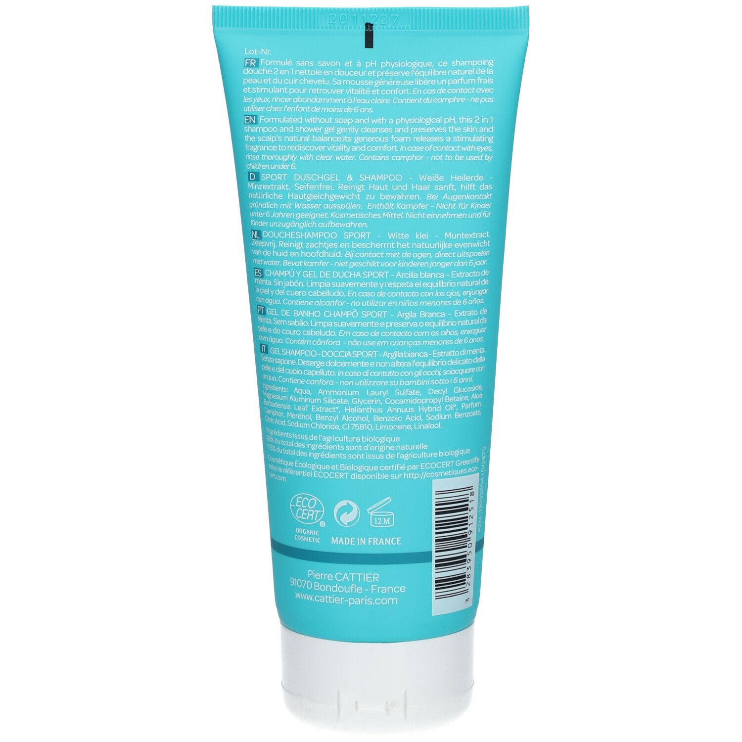 Turquoise en witte tube. Tekst: 2in1 Douchegel & Shampoo Sport Witte Klei. Logo: Ecocert. Tekst: Made in France. Adres fabrikant.