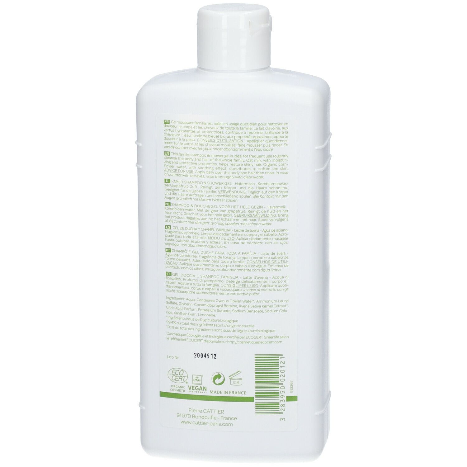 Rückseite einer weißen Flasche. Text in mehreren Sprachen. Grünes Etikett mit Informationen und Logos.