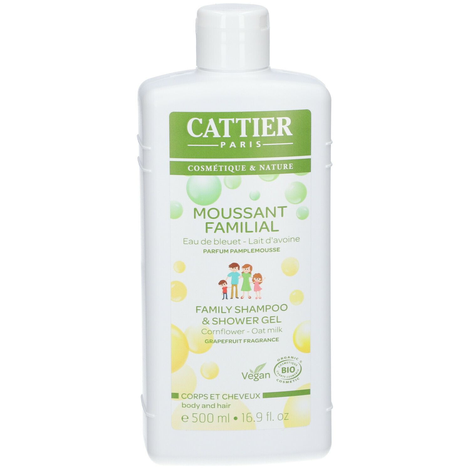 Weiße Flasche mit grünem Etikett. Aufschrift: Cattier Paris, Moussant Familial, Family Shampoo & Shower Gel. Vegan-Logo.