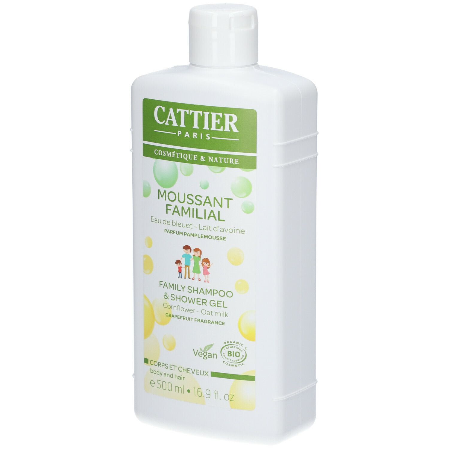 Weiße Flasche mit grünem Etikett. Aufschrift: Cattier Paris, Moussant Familial, Family Shampoo & Shower Gel. Vegan-Logo.