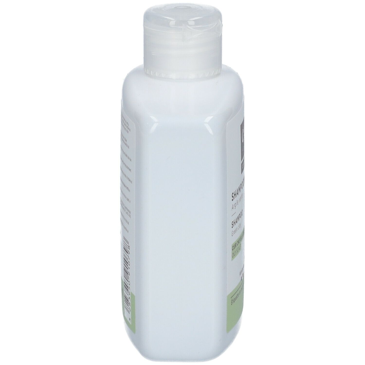 Flacon blanc avec bouchon blanc. Étiquette avec texte. Vue arrière. Inscription: Shampooing, Argile verte, certification bio.