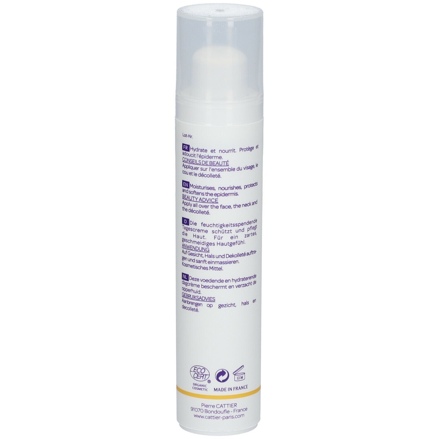 Weiße Flasche mit Text. Aufschrift: Cattier, Secret Botanique, Soin de Jour Nourrissant, Nourishing Day Cream. Text in Französisch.