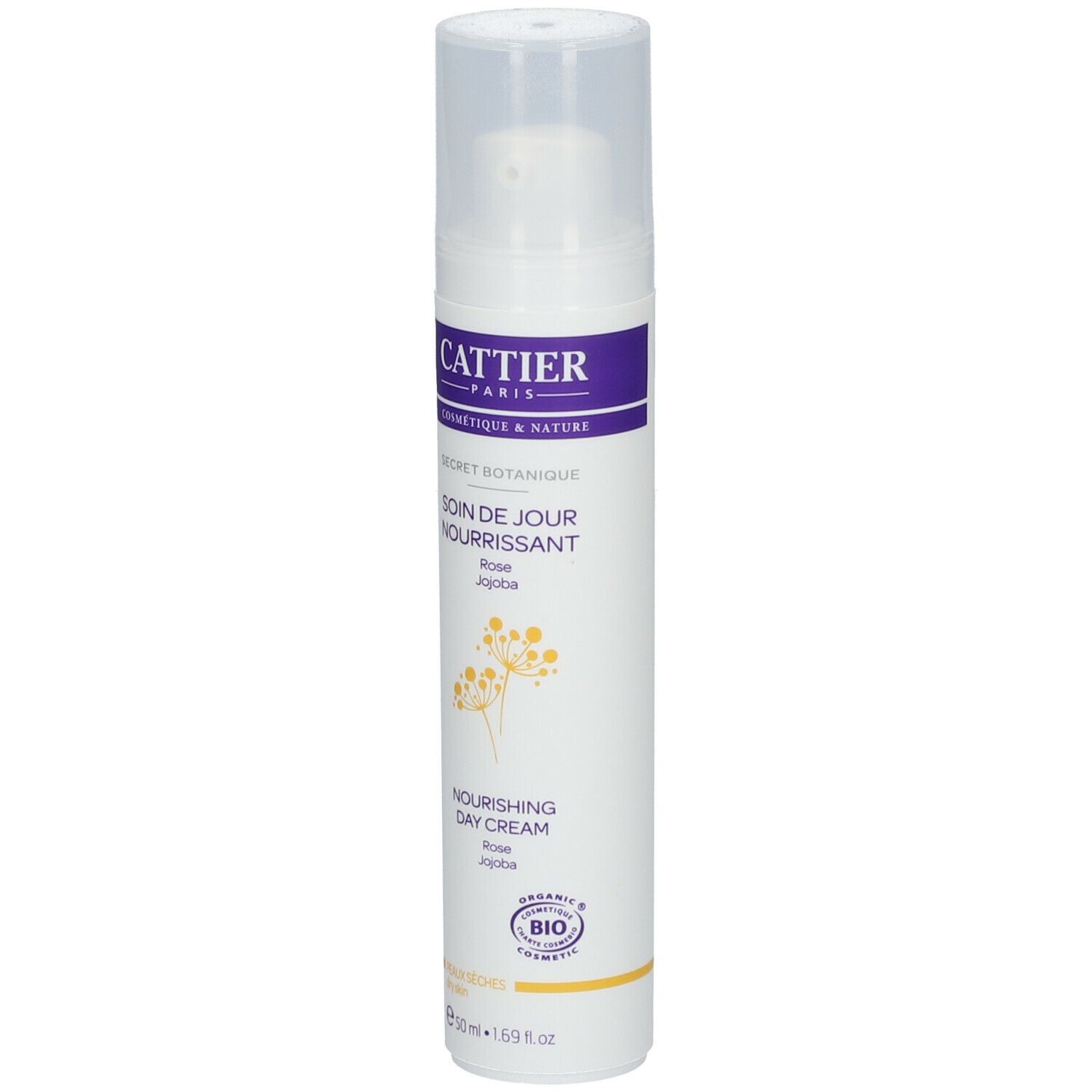 Weiße Flasche mit Pumpkopf. Aufschrift: Cattier, Secret Botanique, Soin de Jour Nourrissant, Rose Jojoba, Nourishing Day Cream. Bio-Siegel.