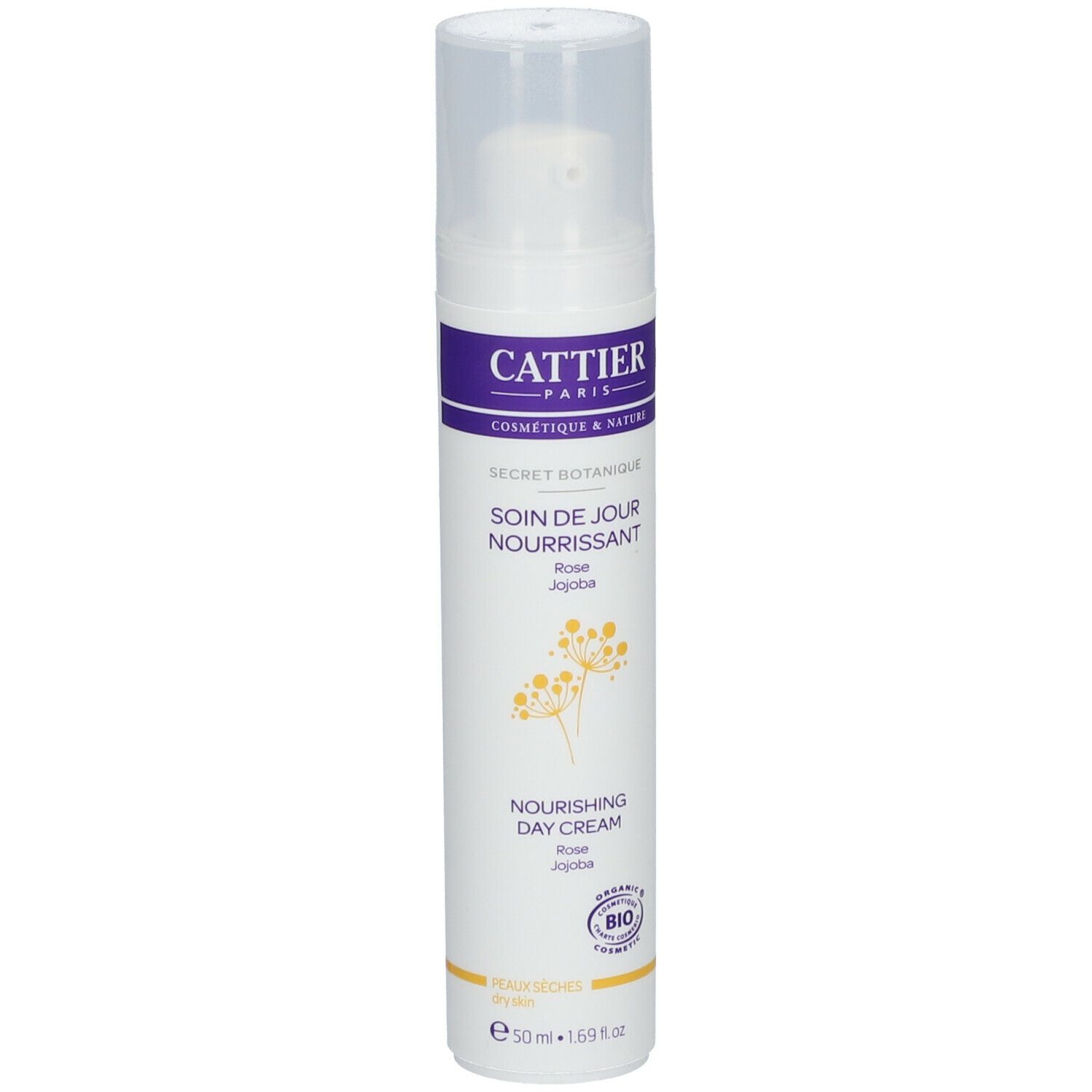 Weiße Flasche mit Pumpkopf. Aufschrift: Cattier, Secret Botanique, Soin de Jour Nourrissant, Rose Jojoba, Nourishing Day Cream. Bio-Siegel.