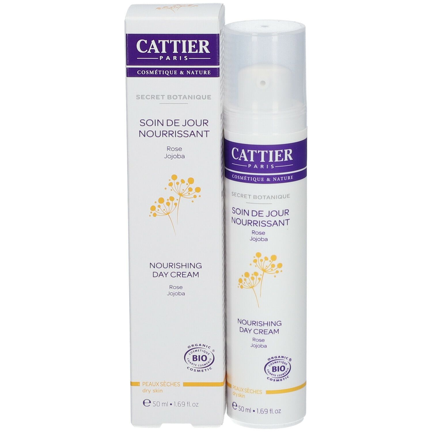 Produktverpackung mit Flasche. Aufschrift: Cattier, Secret Botanique, Soin de Jour Nourrissant, Nourishing Day Cream. Bio-Siegel. Flasche mit Pumpkopf.