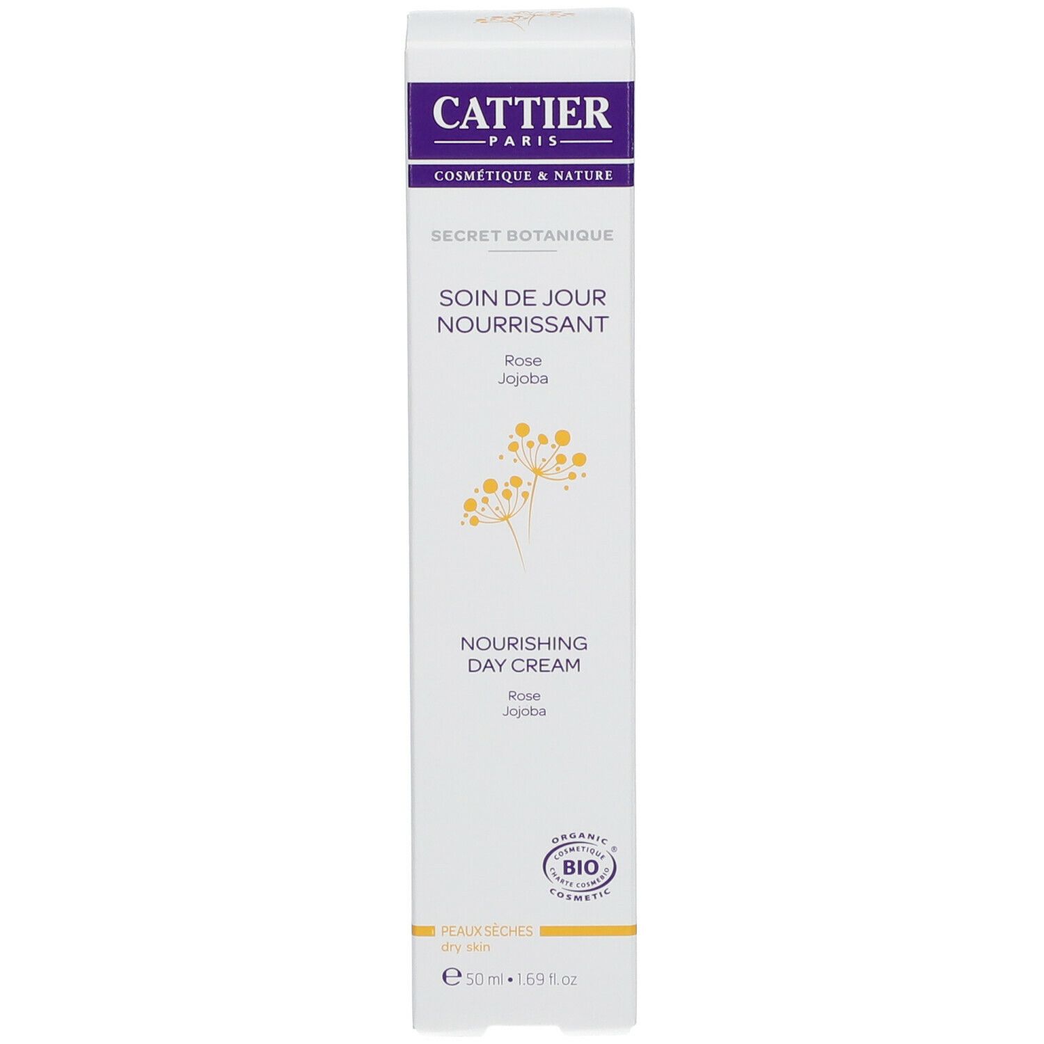 Produktverpackung. Aufschrift: Cattier, Secret Botanique, Soin de Jour Nourrissant, Nourishing Day Cream. Bio-Siegel. Für trockene Haut.