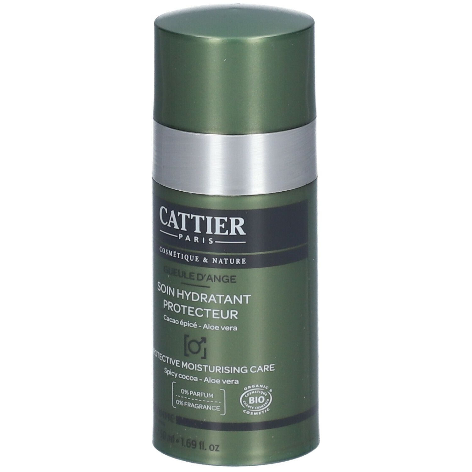 Flacon vert avec bague argentée. Texte: Cattier, Soin Hydratant Protecteur, Cacao épicé - Aloe vera. Certification Bio.