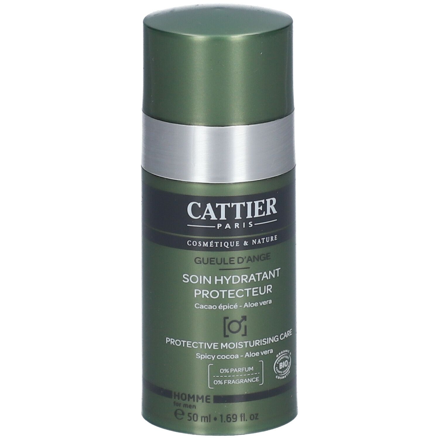Flacon vert avec bague argentée. Texte: Cattier, Soin Hydratant Protecteur, Cacao épicé - Aloe vera. Certification Bio.