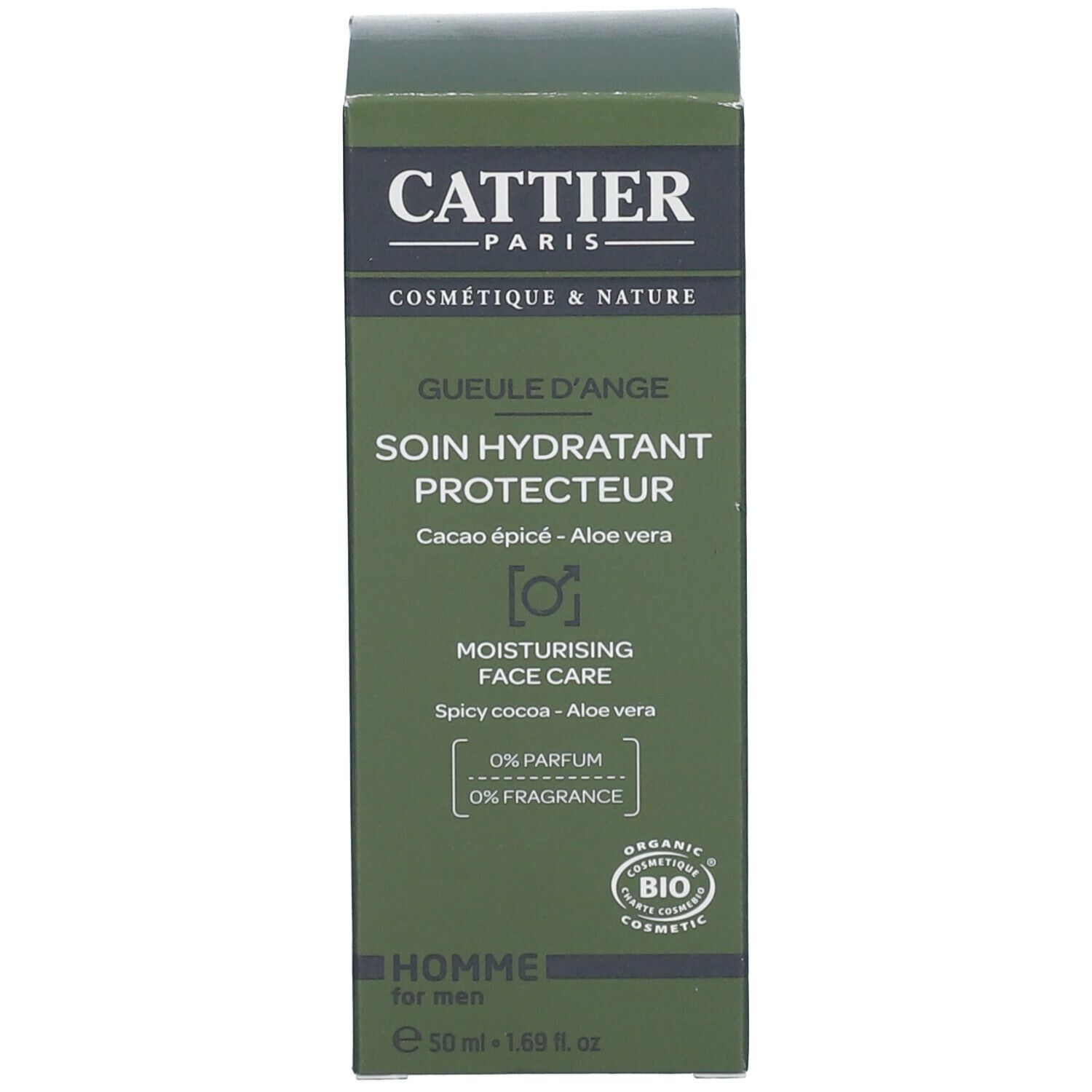 Boîte verte. Texte: Cattier, Soin Hydratant Protecteur, Cacao épicé - Aloe vera. Certification Bio. Marque Cattier.