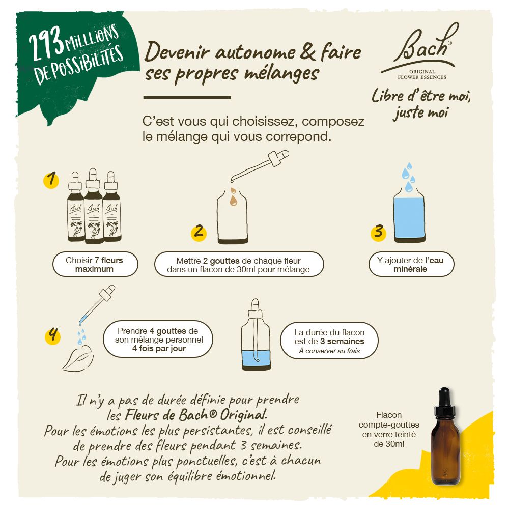 Illustration zur Herstellung von Mischungen. 2 Tropfen pro Blüte in 30ml Wasser.