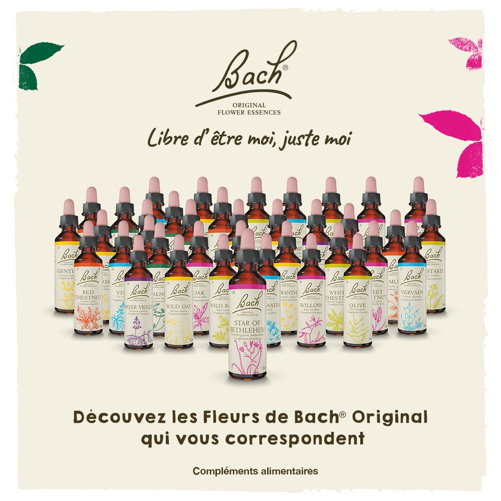 Viele Flaschen mit Etiketten. 'Bach Original Flower Essences'.