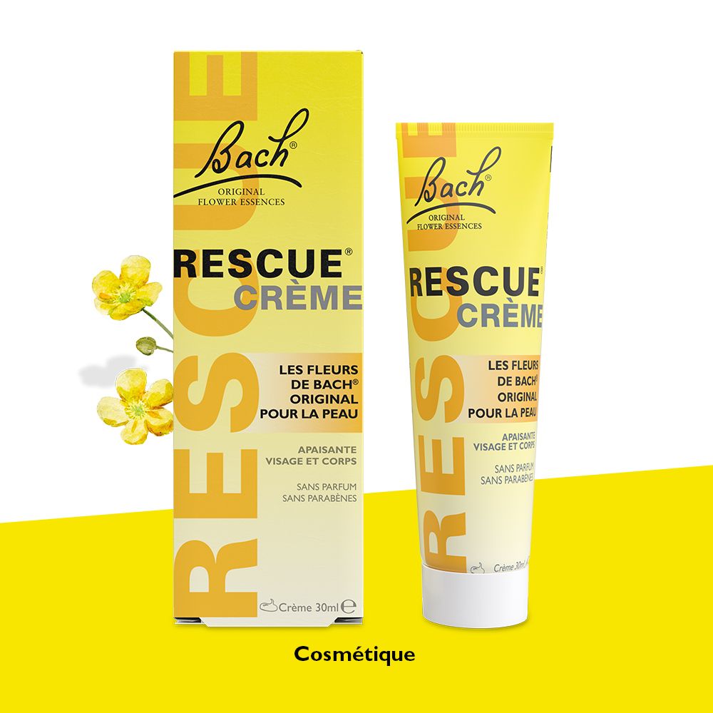Gelbe Tube und Schachtel mit "Rescue Crème". Bach Original Flower Essences. Gelbe Blüten.
