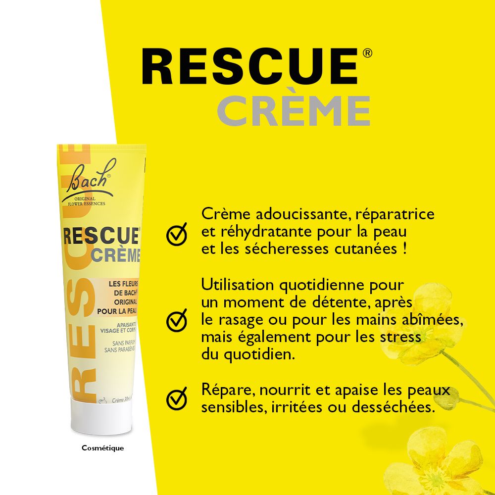 Gelbe Tube "Rescue Crème". Text: Crème adoucissante, réparatrice. Für Haut und Hauttrockenheit.