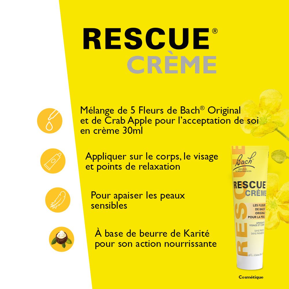 Gelbe Tube "Rescue Crème". Text: Mischung aus 5 Bach Original-Blüten. Mit Sheabutter.