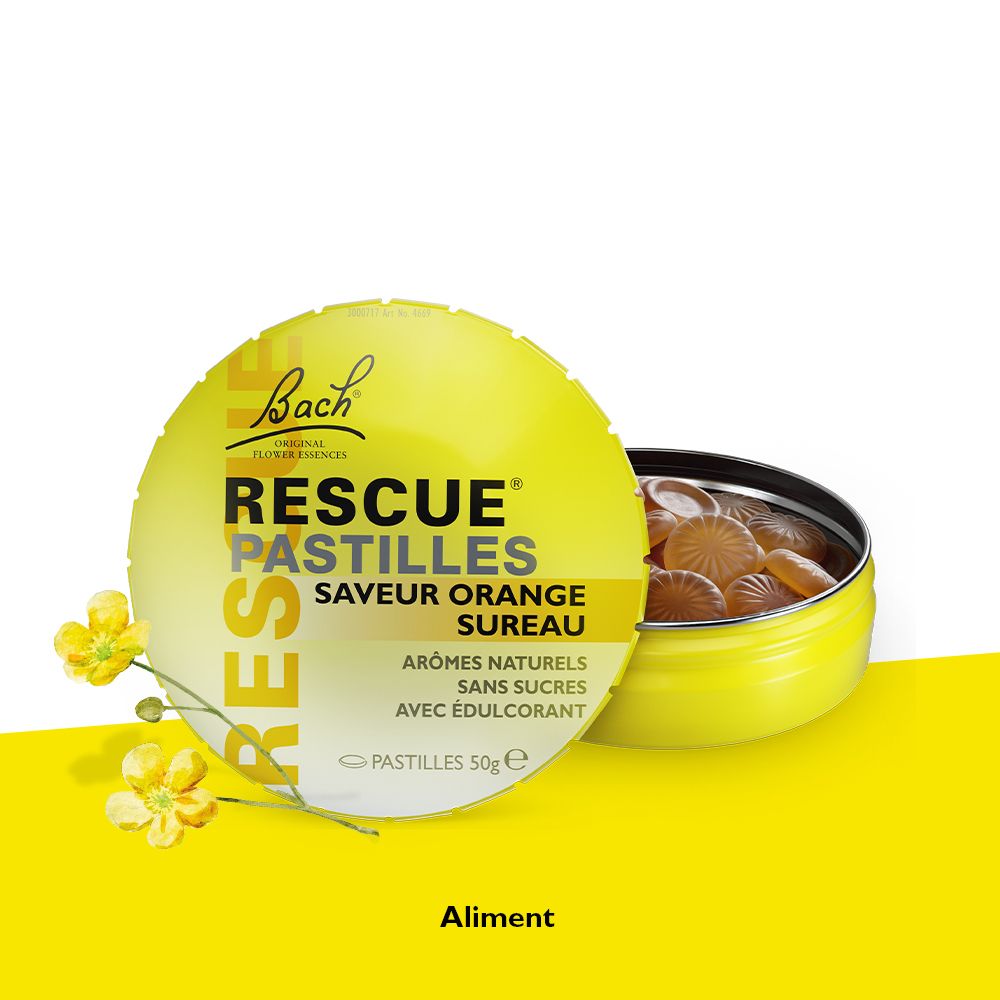 Gelbe Dose RESCUE PASTILLEN Orange Sureau, geöffnet. Pastillen sichtbar. Gelber Hintergrund.