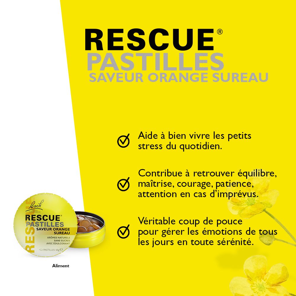 Gelber Hintergrund mit Text: RESCUE PASTILLEN Orange Sureau. Informationen zur Anwendung und Inhaltsstoffen.
