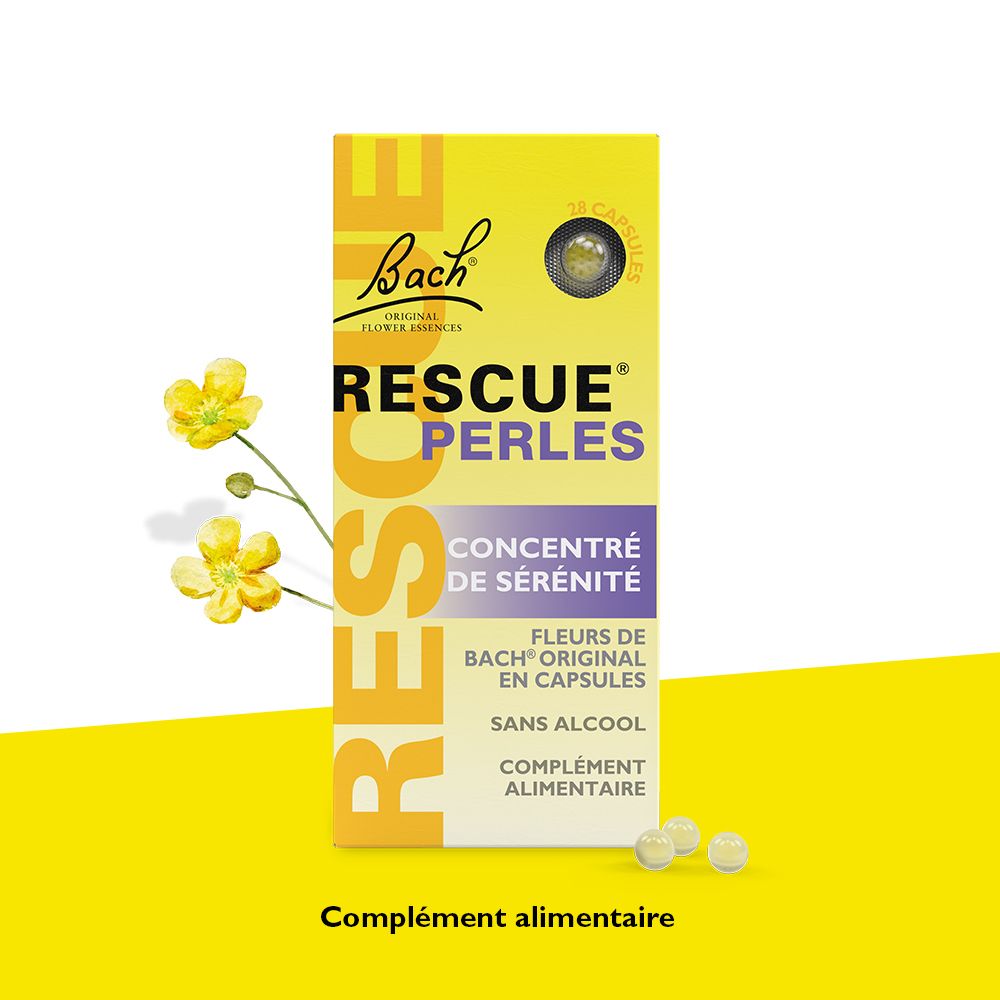 Boîte jaune de Rescue Perles. Texte : RESCUE, PERLES, Concentré de sérénité. 18 capsules. Fleurs de Bach. Fleurs jaunes.